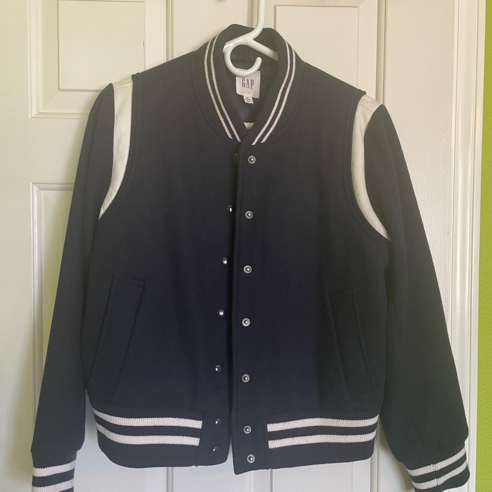 Gap. Size M petite. Blue letterman jacket. Wool with white leather detail.